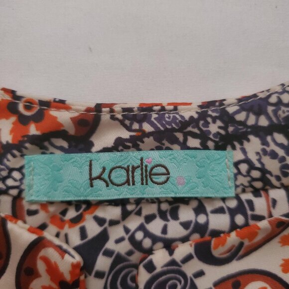 Karlie Women's Flowy Roll Tab Sleeve Multicolor Print Button Front Dress Small - Picture 5 of 11